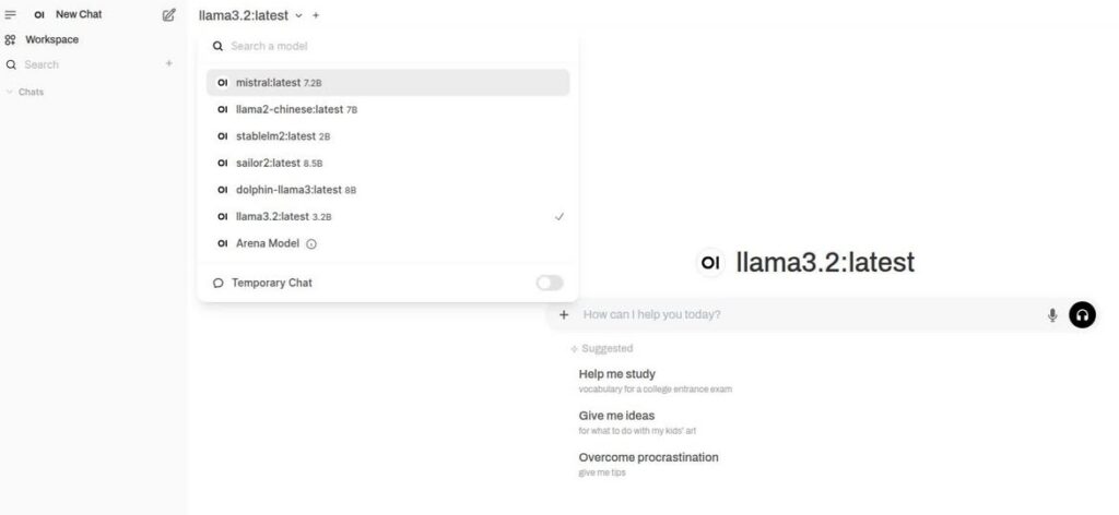 Screenshot of a local AI chat interface with a model selector listing llama3.2 and other models