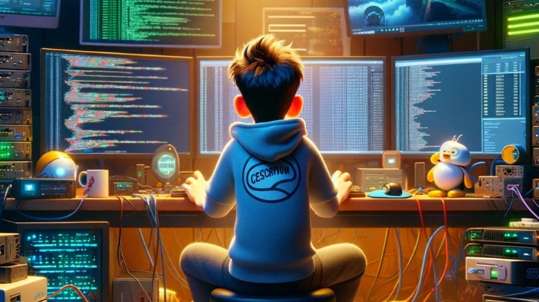Illustration of a person in a hoodie working at a desk of monitors filled with code