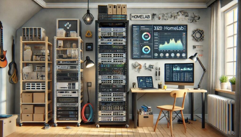 Illustration of a tidy homelab room with server racks, a monitoring display and a desk