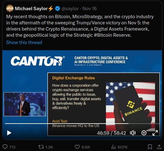 Screenshot of a Michael Saylor post sharing a video on digital asset rules and Binance's move to the US