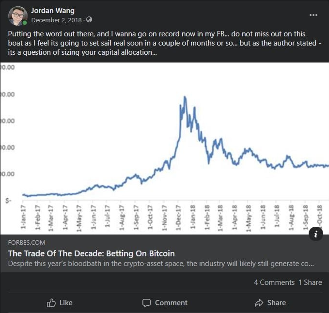 Screenshot of a Facebook post showing a Bitcoin price chart with commentary about buying in early