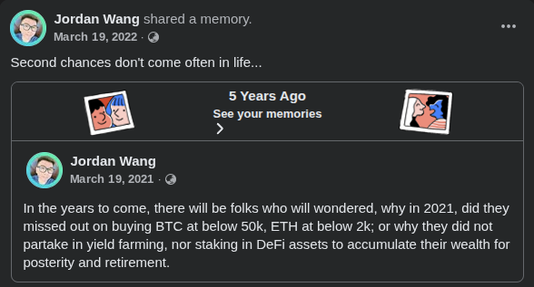 Screenshot of a Facebook memory post reflecting on missing the chance to buy Bitcoin and Ethereum early
