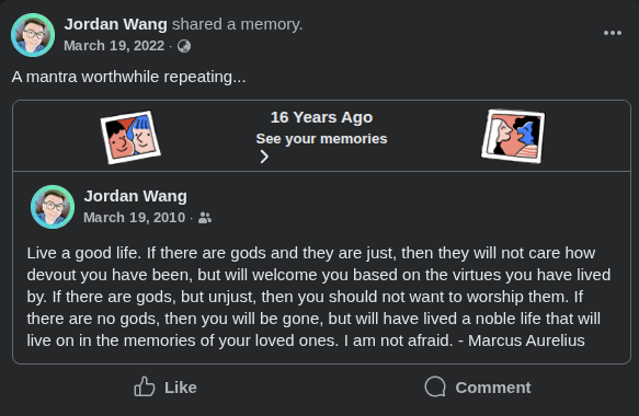 Screenshot of a Facebook memory post quoting Marcus Aurelius on living a noble life