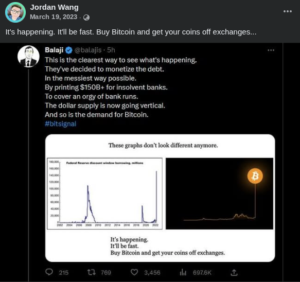 Screenshot of a reposted post by Balaji arguing Bitcoin is demand while dollar supply goes vertical