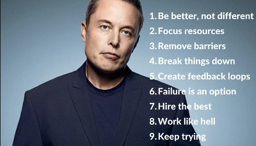 Portrait of Elon Musk beside nine entrepreneurship principles, from 'be better' to 'keep trying'