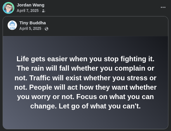 Screenshot of a Facebook post sharing a Tiny Buddha quote about focusing on what you can change