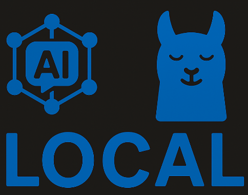 Blue 'AI LOCAL' wordmark with a hexagonal node icon and a llama silhouette
