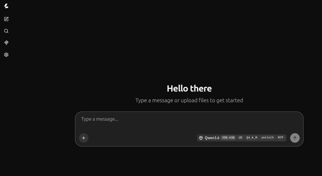 Screenshot of a dark chat app showing the greeting 'Hello there' and a model selector