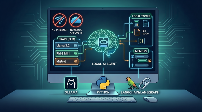 Diagram of a local AI agent running without internet access, with a small model, local tools and memory