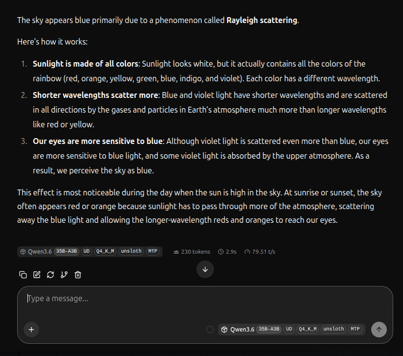 Screenshot of a chat answer explaining Rayleigh scattering and why the sky looks blue