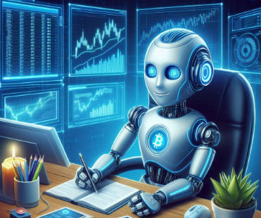 Illustration of a robot wearing a Bitcoin badge working at a desk of trading charts